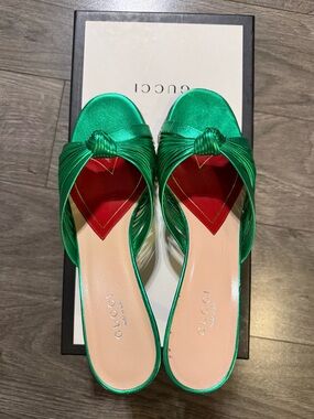 Gucci Emerald Green Satin Knot Slide Mules